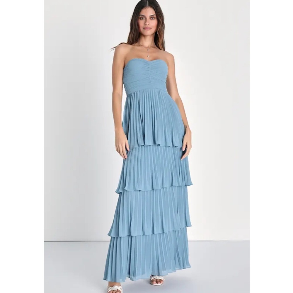 Lulus Seriously Sensational Blue Pleated Strapless Tiered Maxi Dress Size Medium